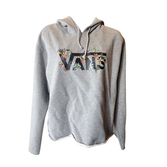 VANS Hoodie Womens Medium Floral Embroidered Raw Hem Cut Off Pullover Sweatshirt - Picture 4 of 16